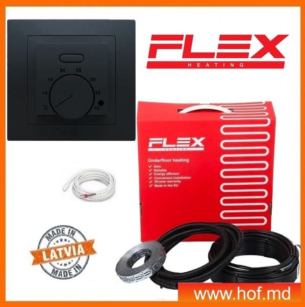 Теплый пол электрический Flex 0,5м²-0,6м²/ 88Вт (5м) нагревательный кабель под плитку 17,5 Вт/м с механическим терморегулятором AC308 белым или черным flexcabelAC308  фото