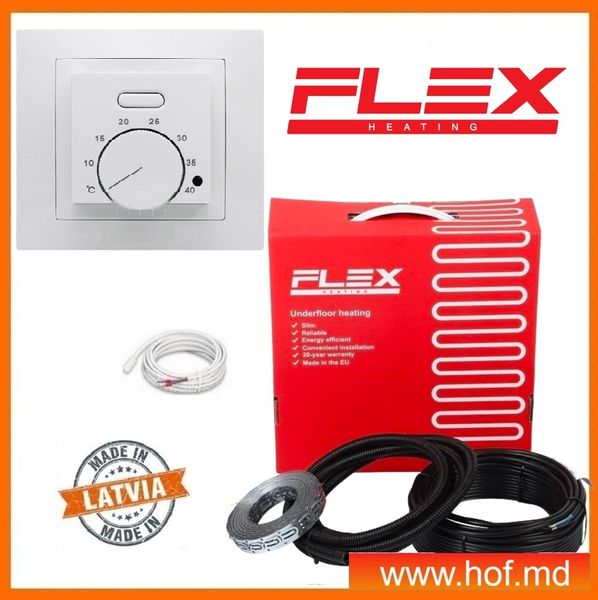 Теплый пол электрический Flex 0,5м²-0,6м²/ 88Вт (5м) нагревательный кабель под плитку 17,5 Вт/м с механическим терморегулятором AC308 белым или черным flexcabelAC308  фото