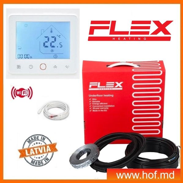 Теплый пол электрический Flex 0,5м²-0,6м²/ 88Вт (5м) нагревательный кабель под плитку 17,5 Вт/м с сенсорным программируемым терморегулятором TWE02 Wi-Fi белым или черным flexcabelTWE02  фото