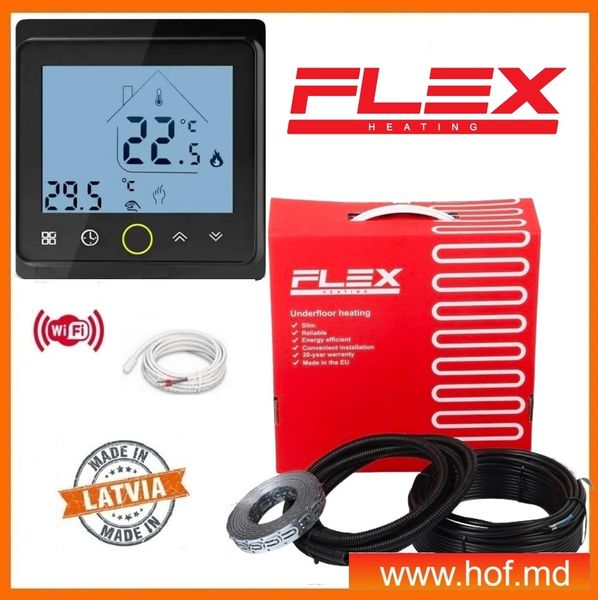 Теплый пол электрический Flex 0,5м²-0,6м²/ 88Вт (5м) нагревательный кабель под плитку 17,5 Вт/м с сенсорным программируемым терморегулятором TWE02 Wi-Fi белым или черным flexcabelTWE02  фото