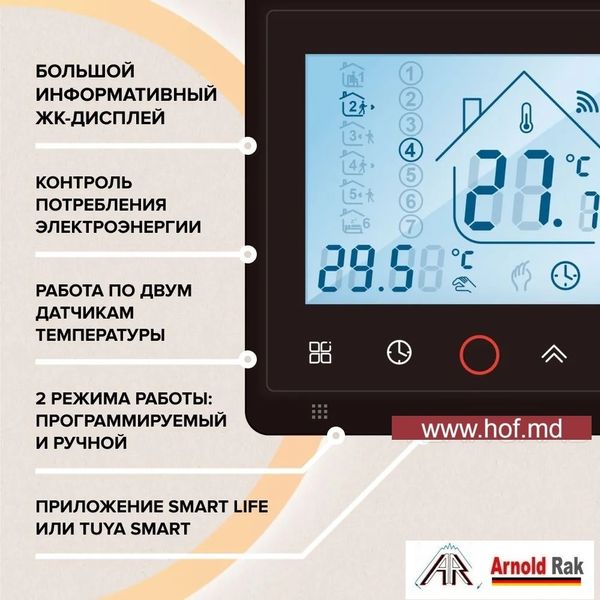 Теплый пол электрический Arnold Rak 1м²-1,2м²/ 200Вт (10м) нагревательный кабель 20 Вт/м с сенсорным программируемым терморегулятором TWE02 Wi-Fi белым или черным arnoldcabeTW02 фото