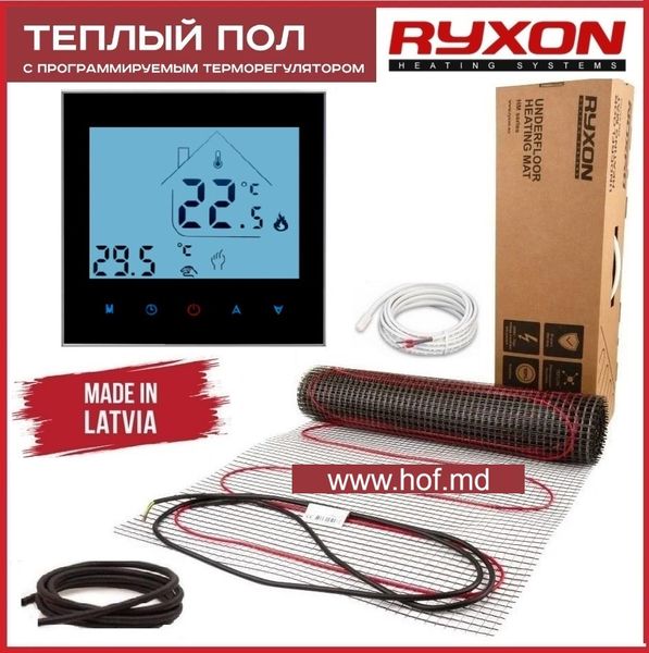 Теплый пол электрический Ryxon 200Вт/м² двухжильный нагревательный мат 0,5 м² /100Вт с сенсорным программируемым терморегулятором AC605H белым или черным matryxonAC605H  фото